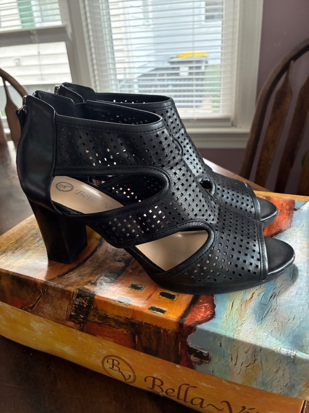 Bella Vita Black Laser-Cut Block Heel Sandals